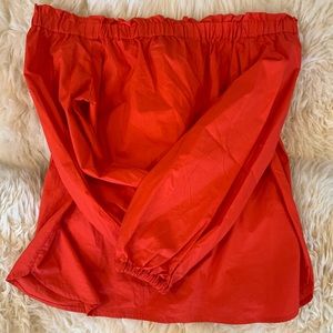 Red off the shoulder blouse with ruffles!